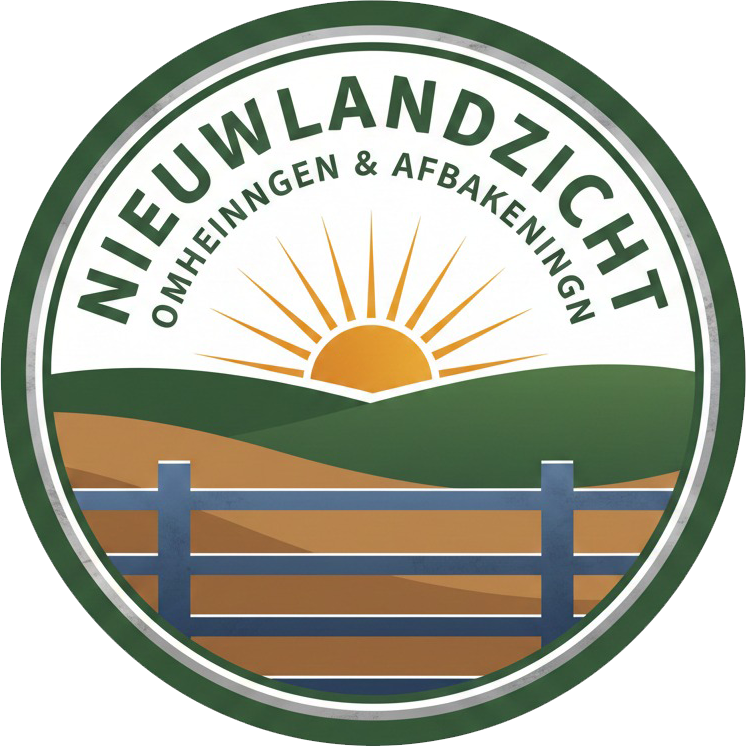 Nieuwlandzicht logo met zon en hekwerk, specialist in omheiningen en afbakeningen voor dieren