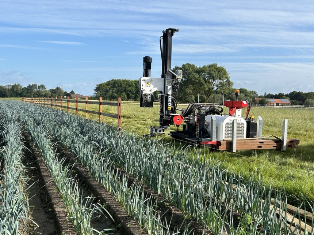 Automatische heipaalmachine plaatst houten afrastering langs akker met groeiende groenten op zonnige dag