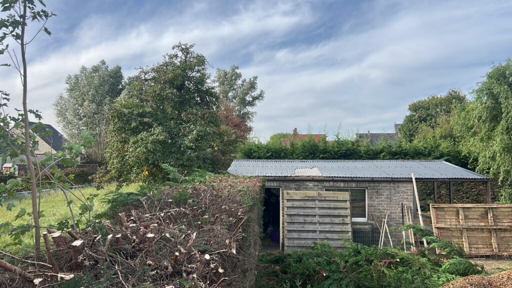 Rustieke dierenomheining met dichte hagen en houten schuttingen rondom een schuurtje op het platteland