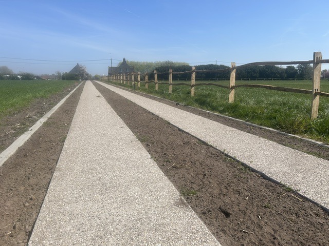 houten afrastering langs landelijke oprit met gras en weiland bij Nieuwlandzicht